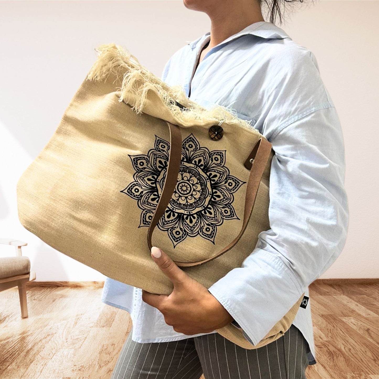 100% Cotton Tote Bag with Leather Handles – Flower of Life, cotton canvas tote with mandala-style print, held by person