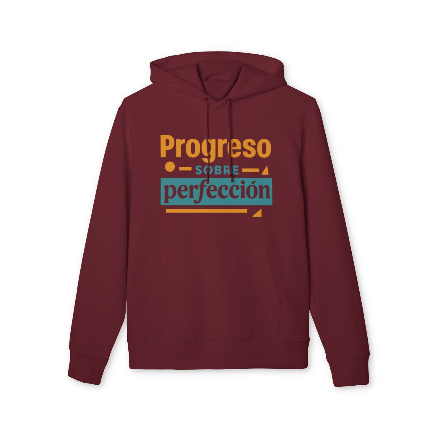 Alt Tag: Progreso Sobre Perfeccion 100% Organic Cotton Hoodie in burgundy with “Progreso sobre perfección” graphic print
