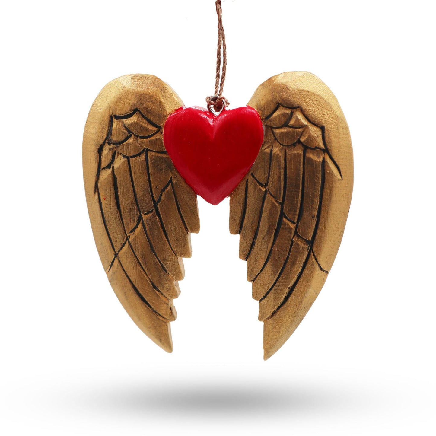 Alt-Tag: Albasia-Holz Engel Flügel & Herz – Ornament mit schwarzem Detail, geschnitzte Holz-Engelsflügel mit schwarzen Details und hängendem rotem Herz