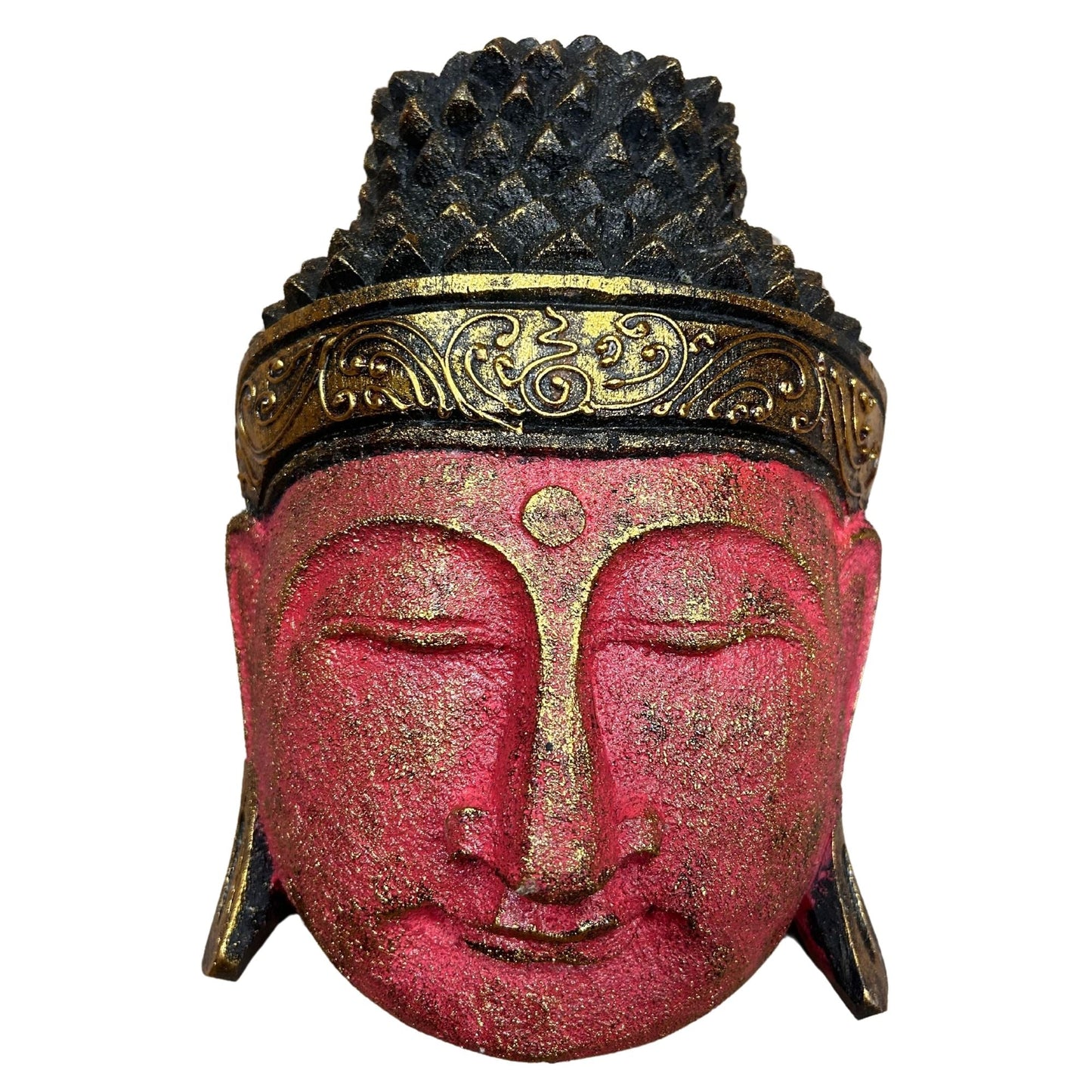 Decoración de cabeza de Buda de madera de albasia – 25CM Red Shine, cabeza de Buda de madera de albasia tallada a mano con acabado Red Shine y detalles dorados