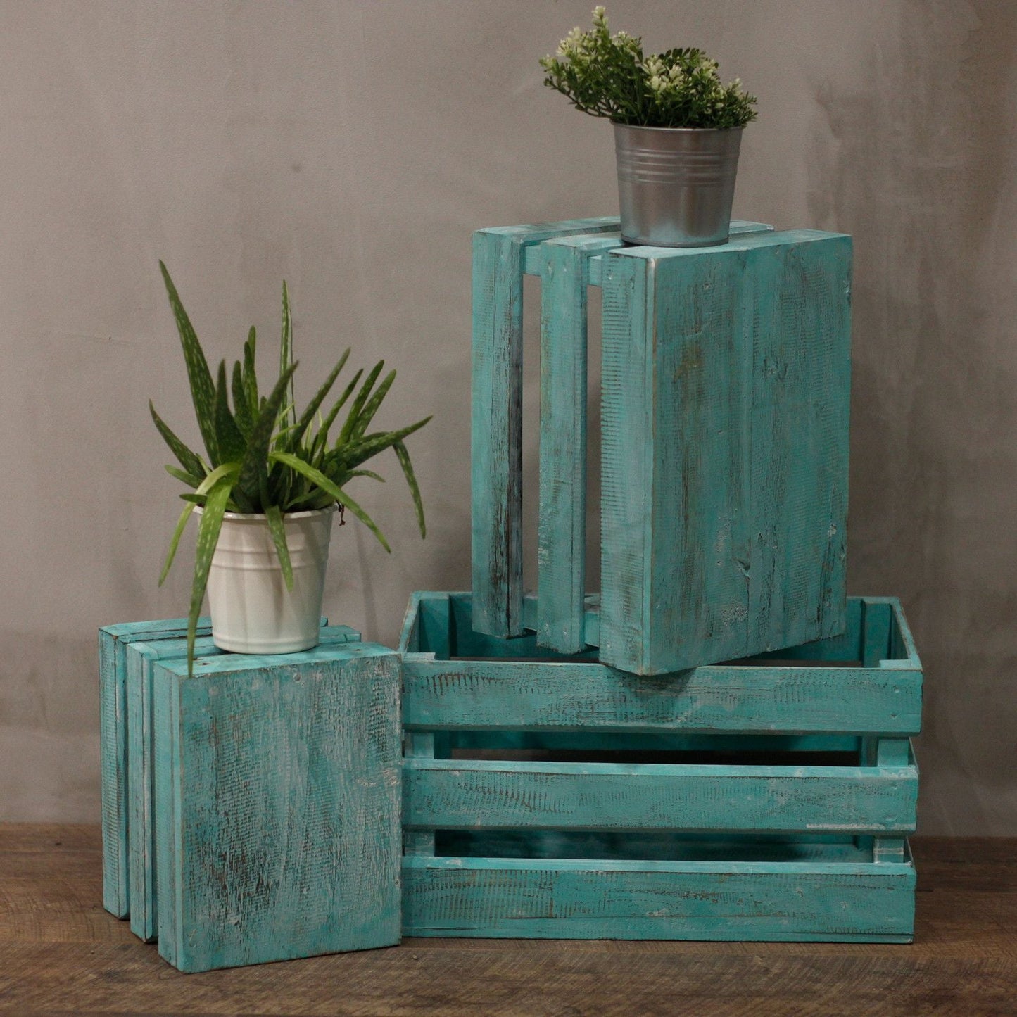 Albasia Wood Display Boxes – Set of 3 stacked turquoise wood crates with potted plants, decorative storage display