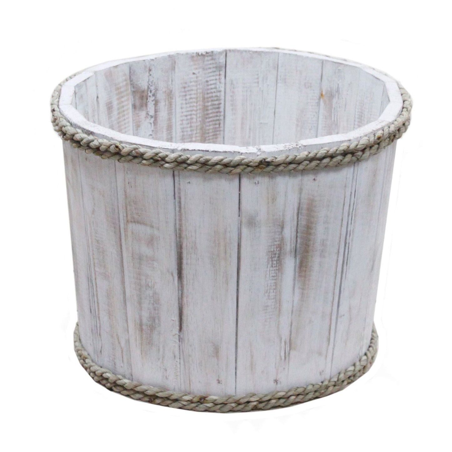 Albasia Wood Display Tub – Whitewash 21x29 CM, whitewashed wooden display tub with rope trim, nautical coastal decor