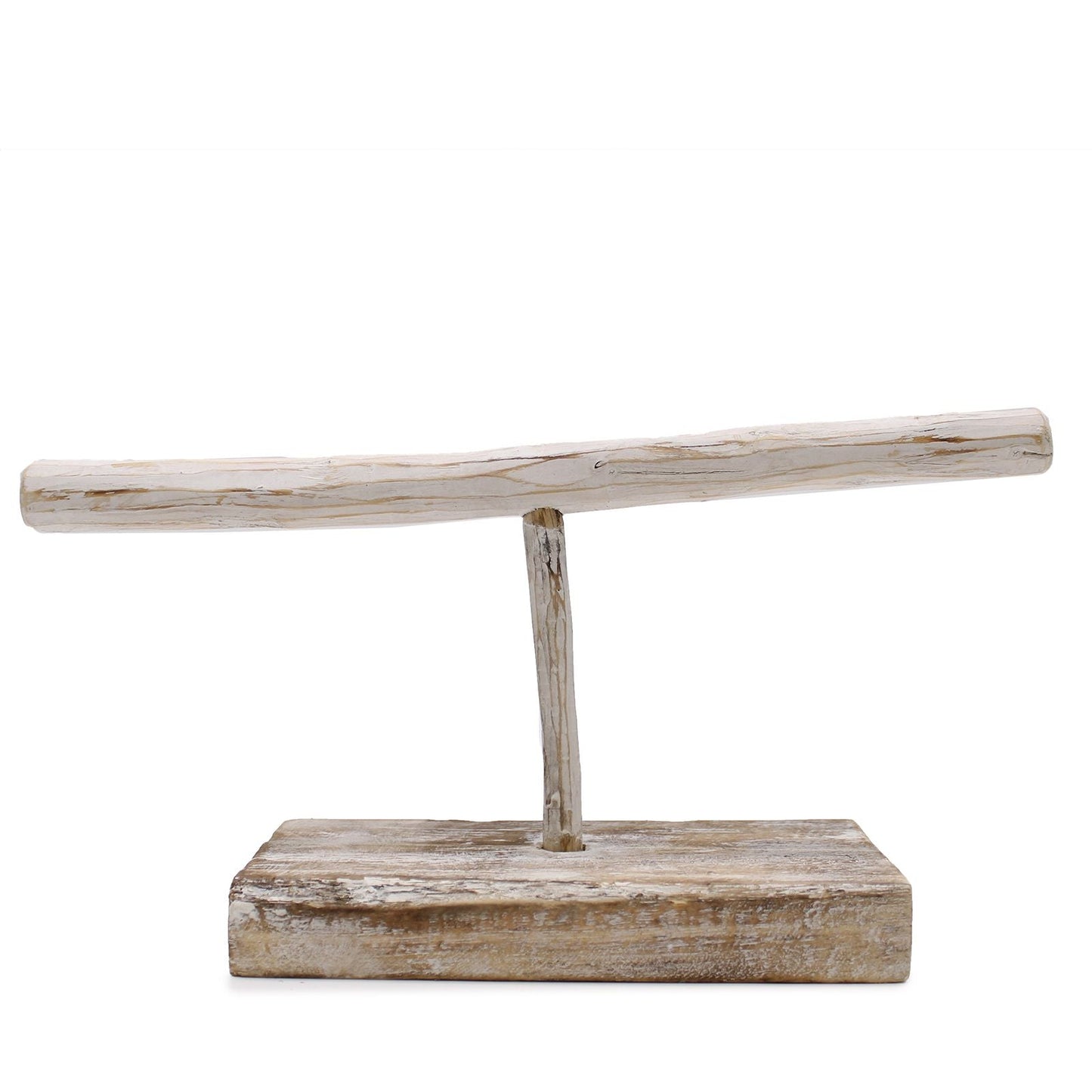 Albasia Wood Jewelry Stand – Whitewash 32 CM, rustic whitewashed wooden T-bar jewelry display stand with rectangular base