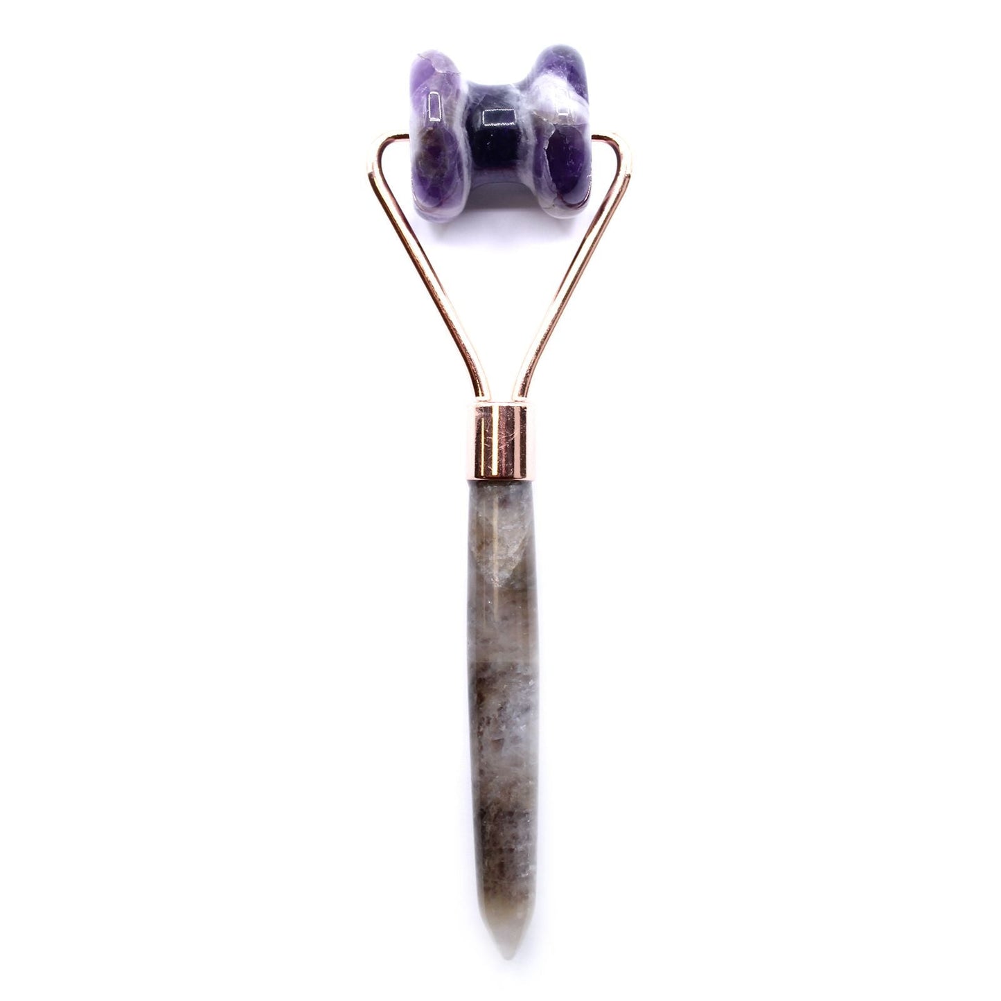 Amethyst Gemstone Face Roller – 15 CM with purple amethyst roller head and metal frame, handheld facial massage tool on white background