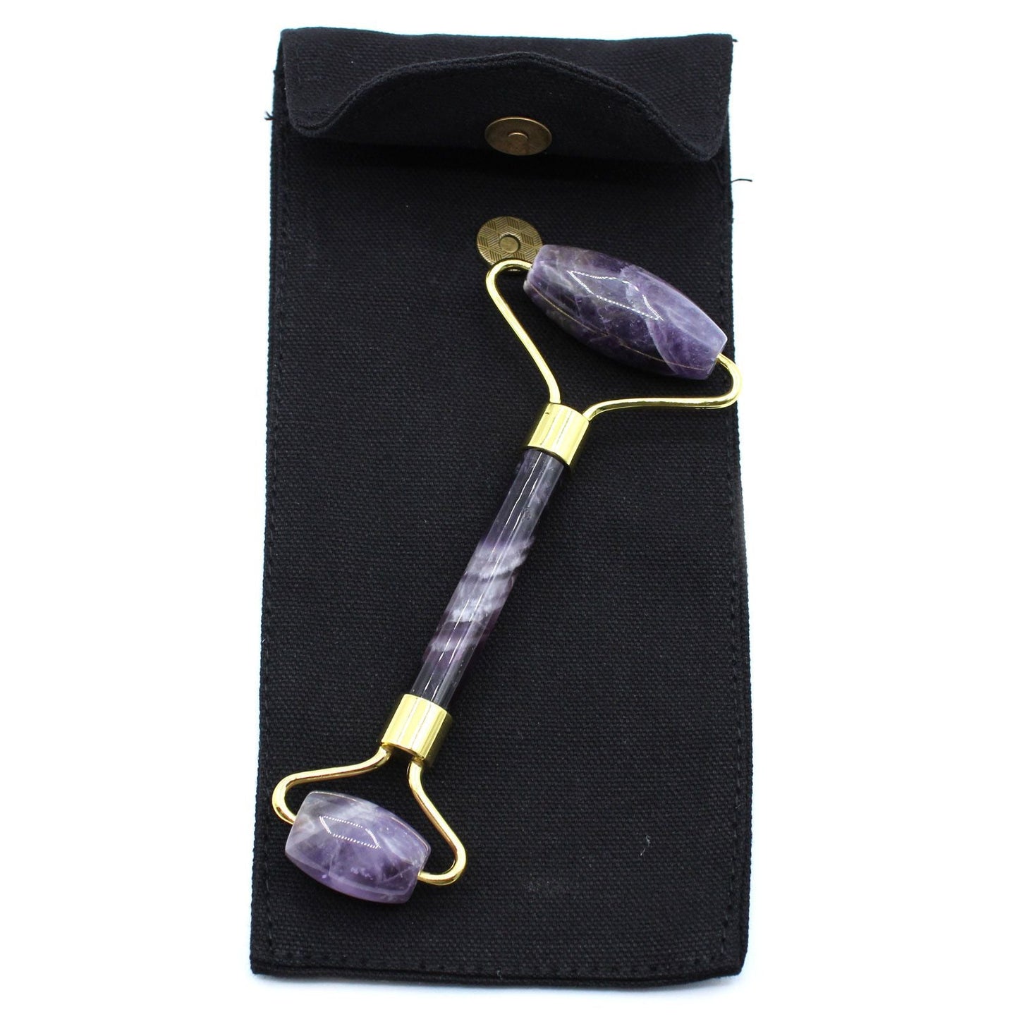 Alt Tag: Amethyst Gemstone Face Roller – 15x6x2.5 CM double-ended amethyst and brass facial roller in black pouch