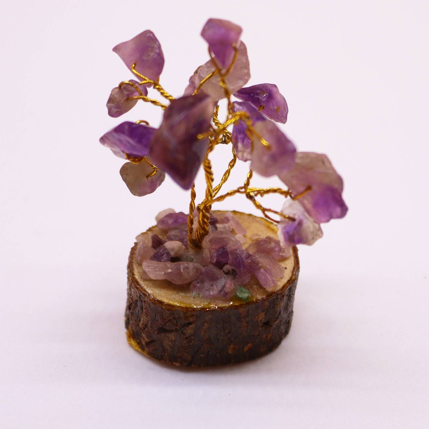 Amethyst Gemstone Tree – 15 Stones, 6CM mini gemstone tree with purple amethyst chips on twisted wire branches and wood base