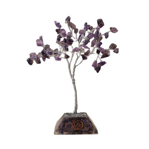 Alt Tag: Amethyst Gemstone Tree – 80 Stones Orgonite Base, purple amethyst chipstone crystal tree decor with orgonite pyramid base