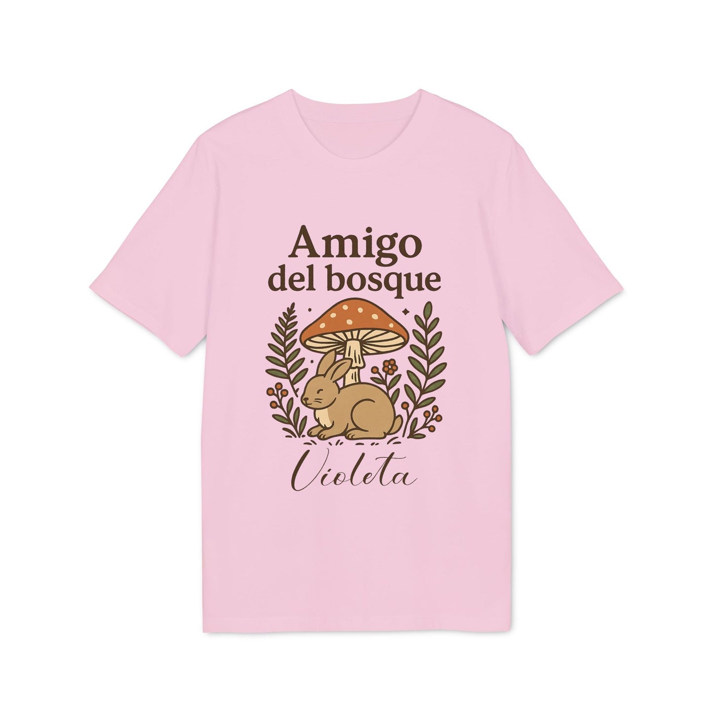 Alt Tag: Amigo Bosque Personalizado Nombre Premium Unisex T-Shirt rosa con ilustración de conejo y setas, texto "Amigo del bosque" y nombre Violeta