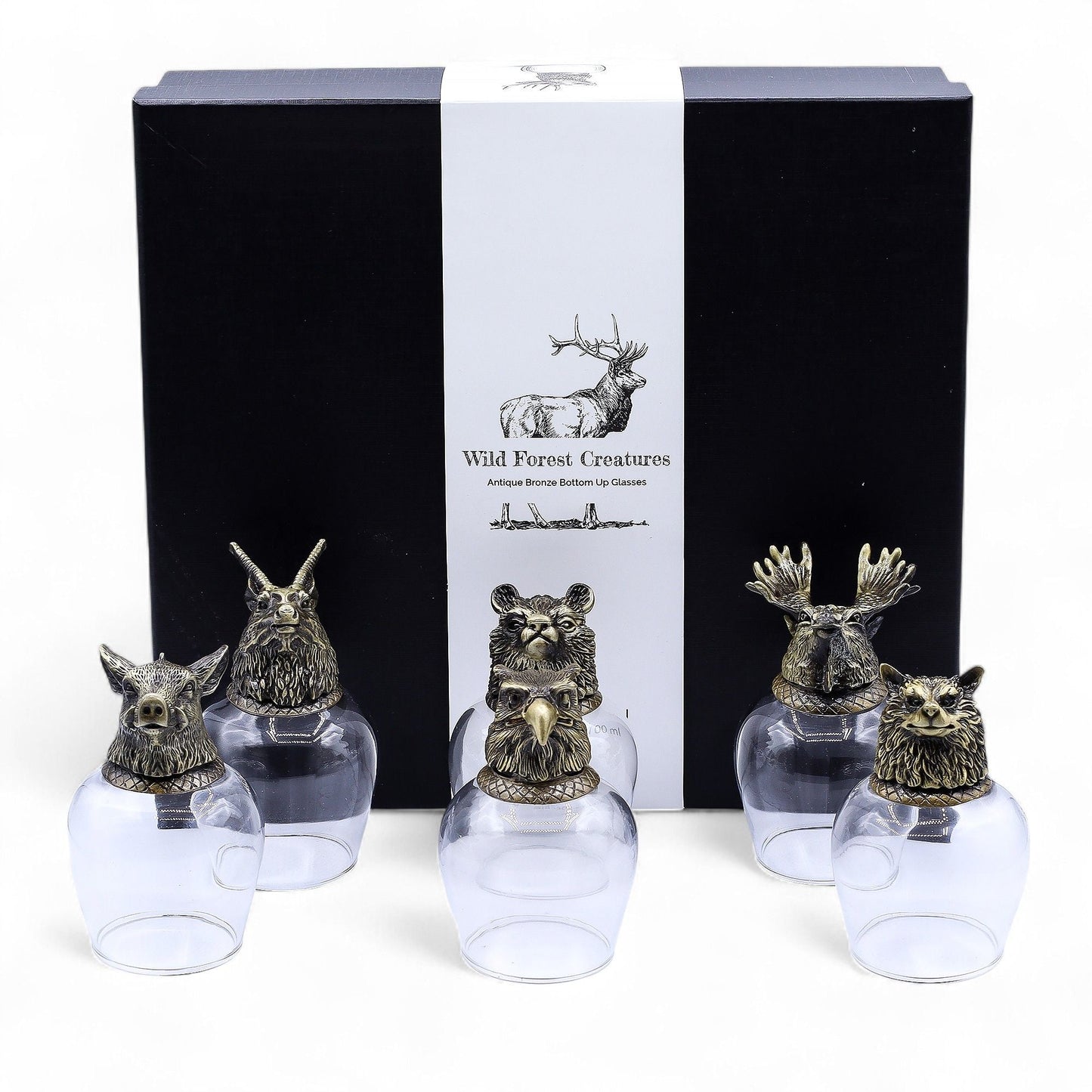 Antique Bronze Mystical Creatures Glasses – 50ML Set of 6, six animal-topped glass cups with black Wild Forest Creatures gift box