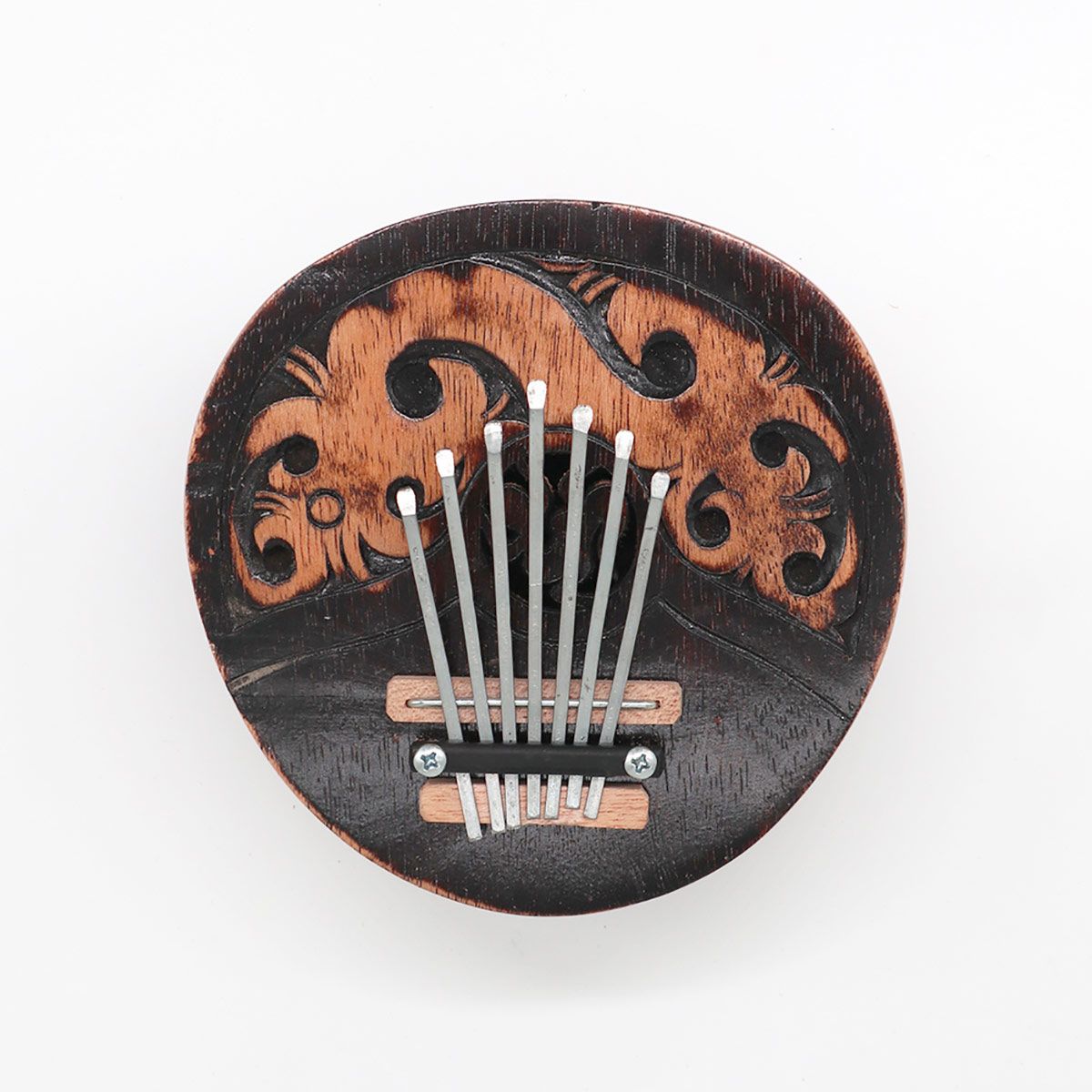 Antique Coconut Kalimba – 16x15 CM de coco artesanal, kalimba con 7 láminas metálicas y grabado decorativo, vista frontal