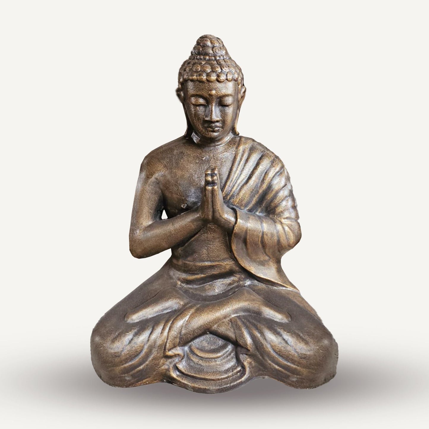 Antique Gold Praying Buddha Statue – 1.2M praying Buddha sculpture with hands in prayer, antique gold finish, seated meditation pose