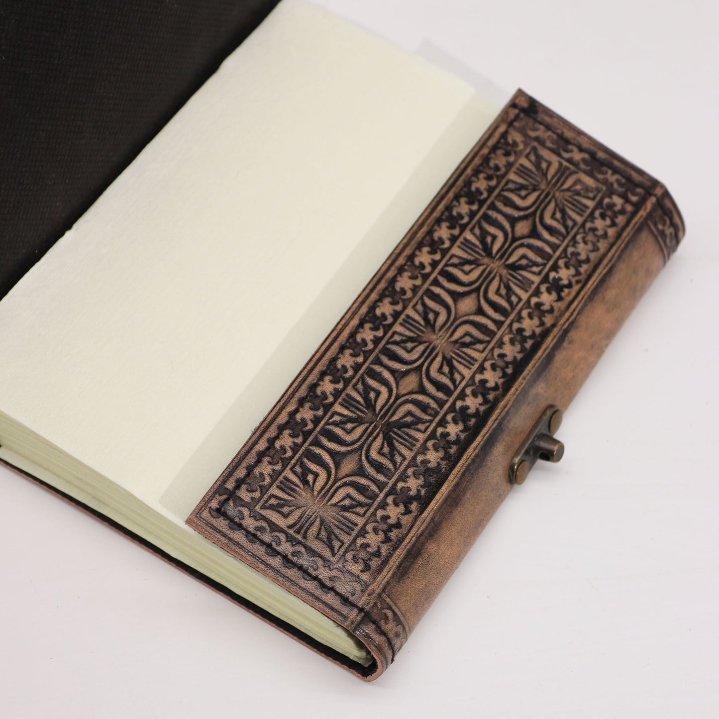 Alt Tag: Antique Grey Leather Notebook – 17.5x12.5x3 CM open, embossed leather cover with decorative pattern and blank pages