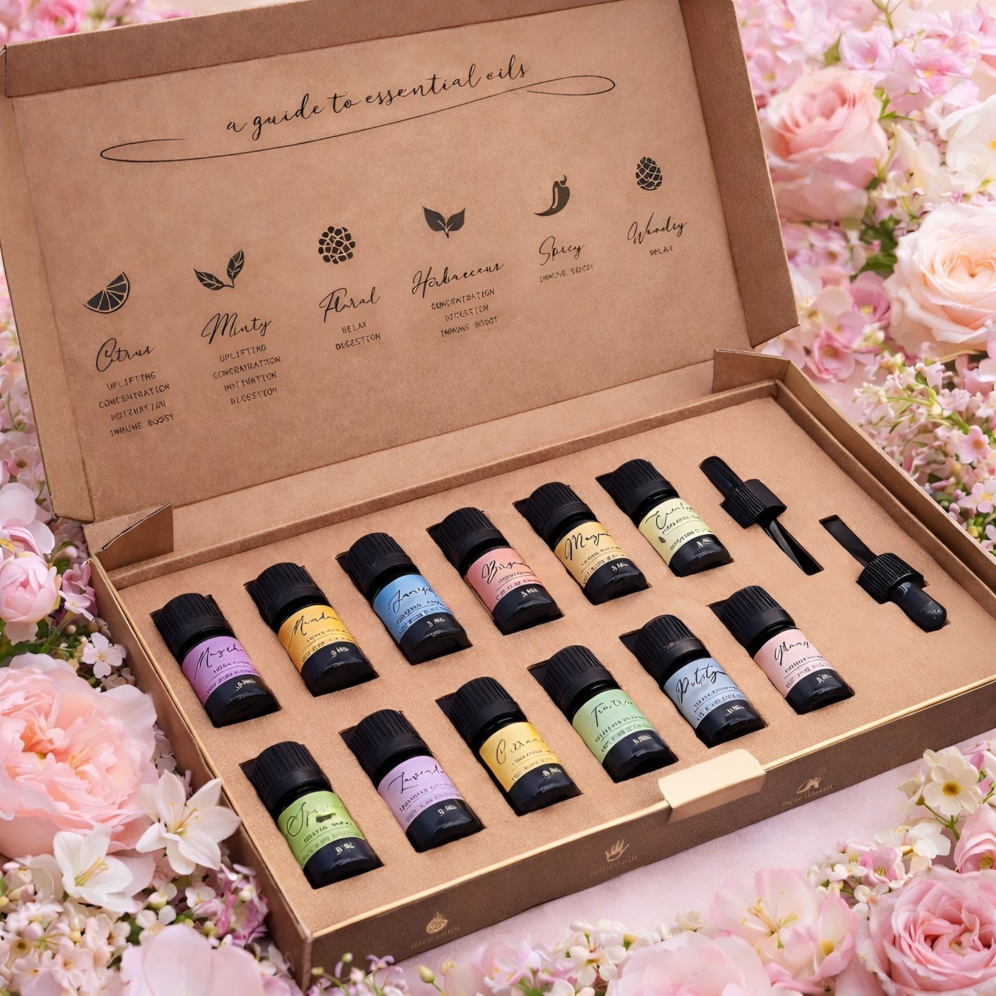 Aromaaroma Essential Oil Set – Spring (12 Oils Collection) open gift box with 12 essential oil bottles and guide, floral background