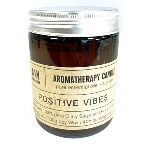 Aromacare Soy Candle – Positive Vibes (200 g) frasco ámbar con tapa plateada, vela de soja natural hecha a mano, aroma suave