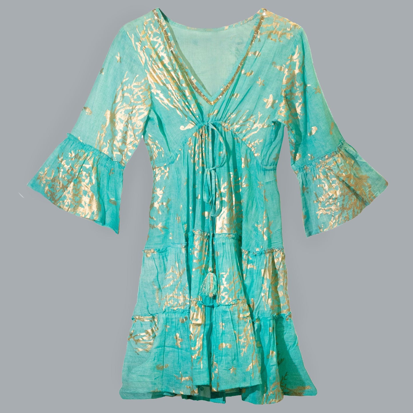 Nomad Sari Dress – Turquoise & Gold Coral Design (ML)