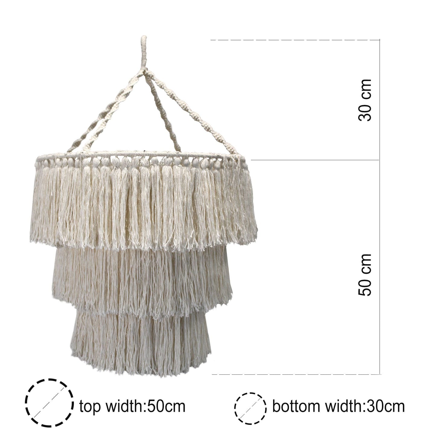 Alt Tag: Black Cotton Macrame Chandelier – 80x50 CM with layered fringe shade, top width 50cm and bottom width 30cm, handcrafted boho decor