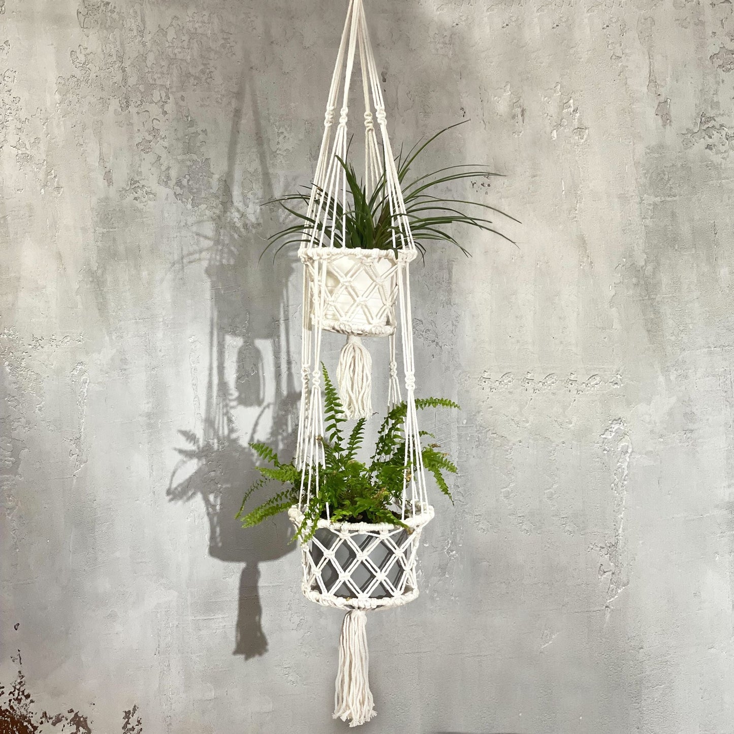 Cotton Macrame Pot Holder – Double Hanger with two white cotton hanging planters and green plants against gray wall