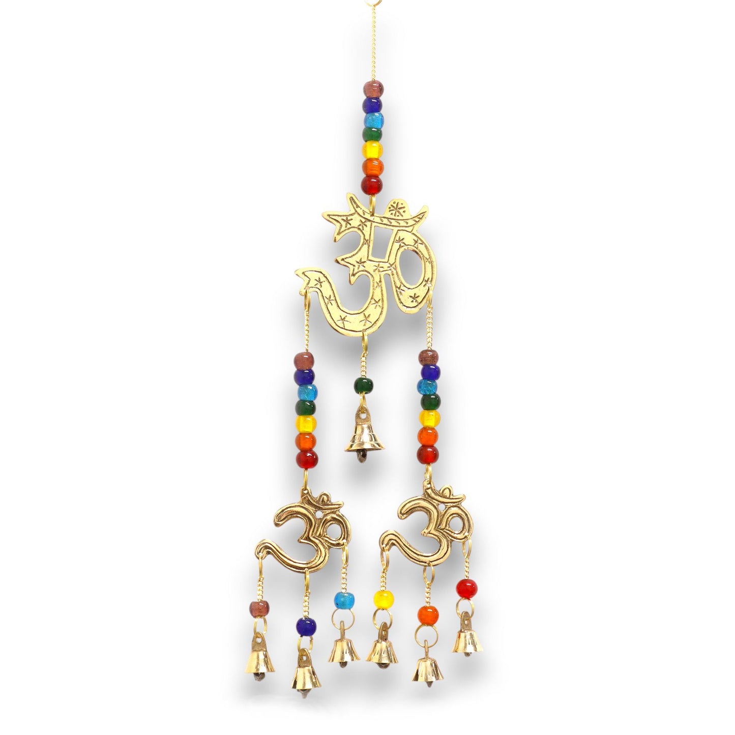 Alt Tag: Brass Om Chimes – Chakra Beads & 7 Bells, 9.5x32CM with colorful chakra beads and hanging brass bells wall decor