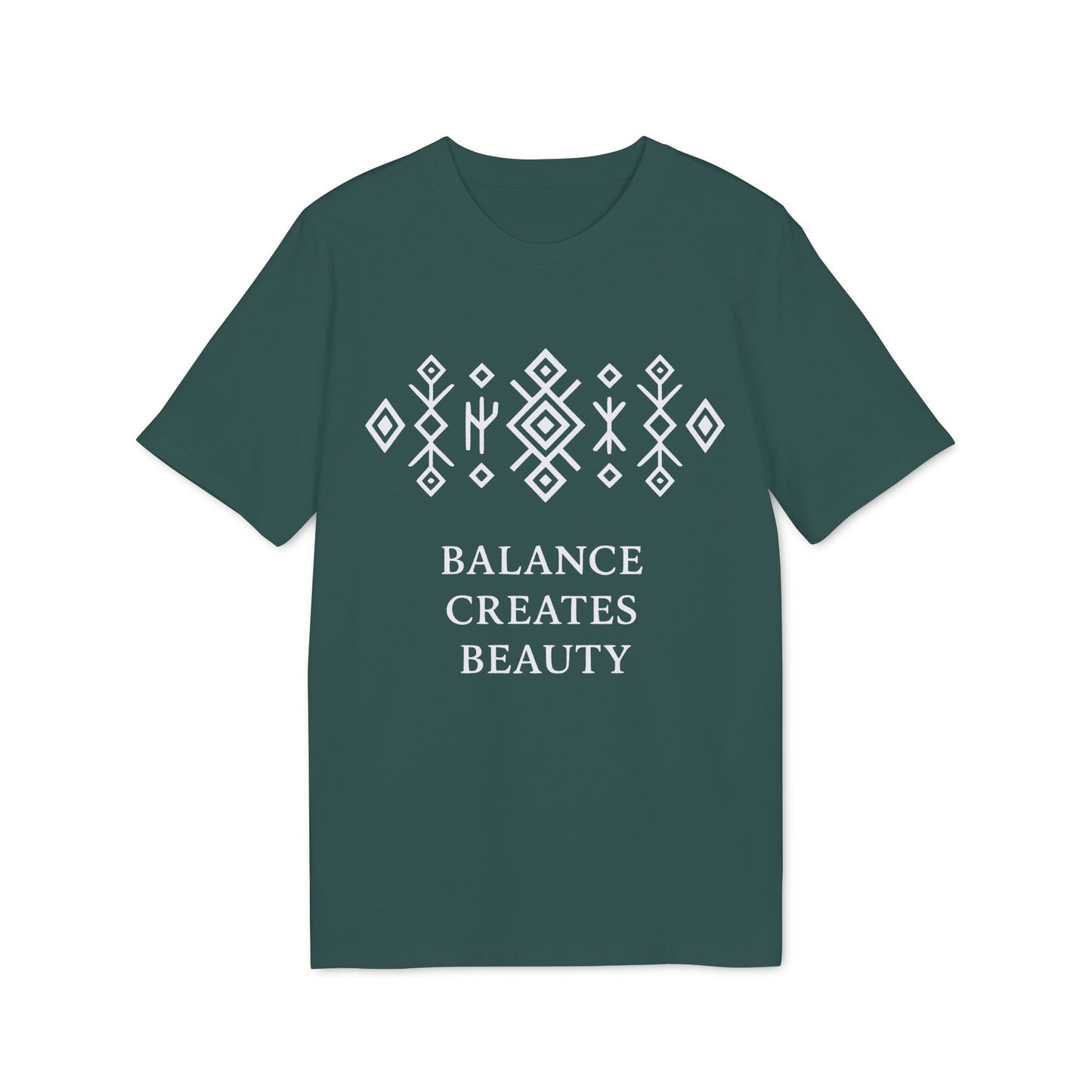 Balance Creates Beauty Mystic Origin Camiseta Premium Unisex en verde oscuro con texto “BALANCE CREATES BEAUTY” y patrón geométrico blanco