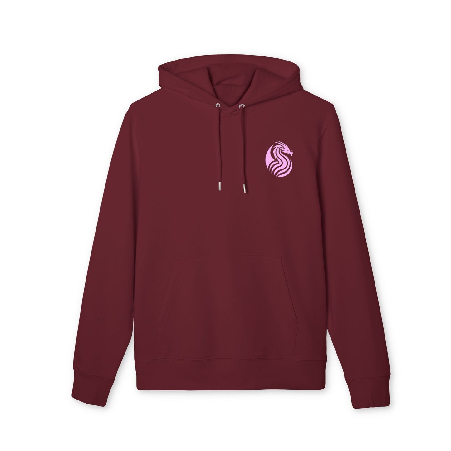 Alt Tag: Barrio Sangre Ritmo Drix Collection Sustainable Unisex Hoodie in burgundy organic cotton with hood and small chest logo