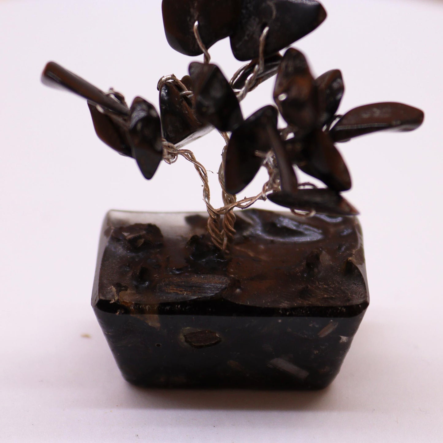 Black Agate Mini Gemstone Tree – 15 Stones with black agate chip leaves, wire branches and orgonite base decor for desk or shelf