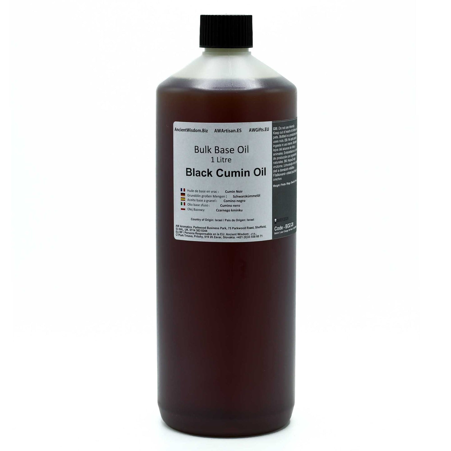 Black Cumin Base Oil – 1 Litre bulk base oil bottle for massage and skin conditioning, 1L amber container with black cap