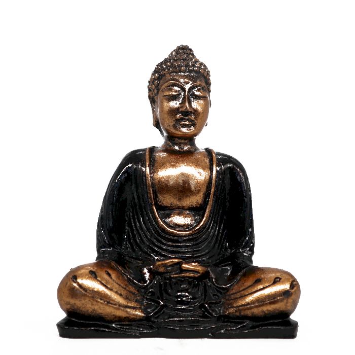 Alt Tag: Svart & guld Buddha – medelstor staty i meditativ pose, handmålad matt svart- och guldfinish, heminredning