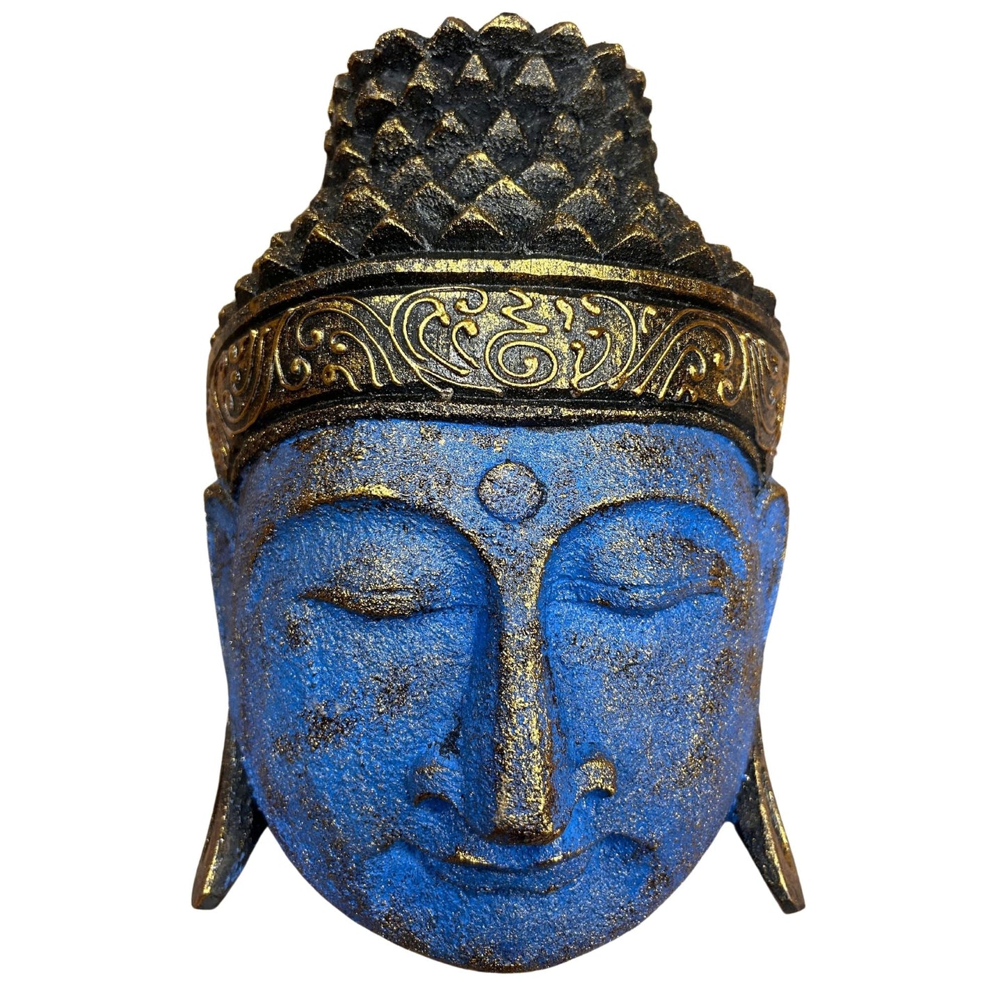 Alt Tag: Blått Buddha-huvud i albasia-trä – 25CM, blå och guldfärgad snidad Buddha-ansiktsväggdekoration handgjord i albasia-trä