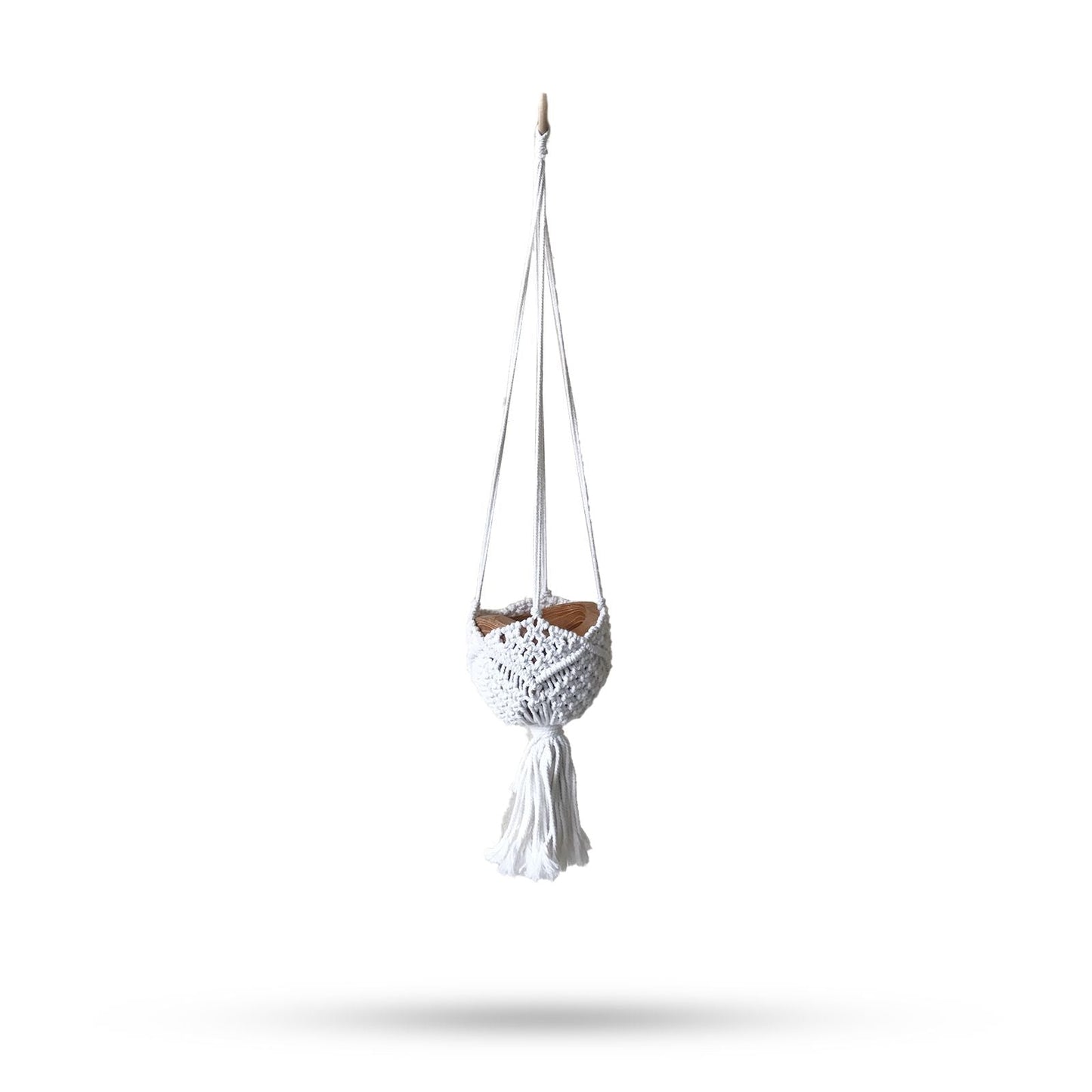 Boho Cotton Macrame Pot Holder – Natural Finish, natural cotton hanging plant holder with wooden accents and tassel, white background