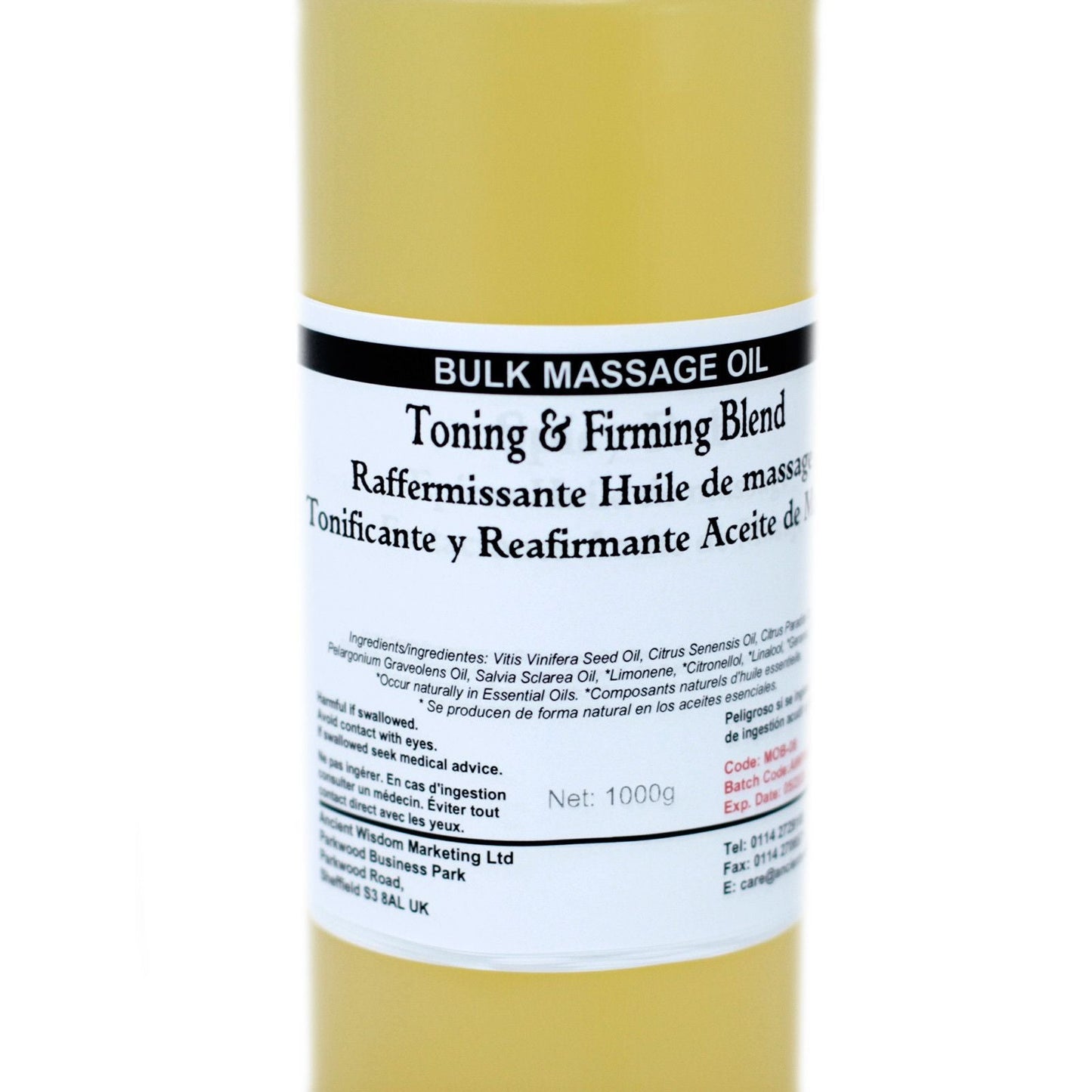 Alt Tag: Botanical Toning & Firming Massage Oil – 1KG, aceite de masaje a granel 1kg, blend toning & firming, botella con etiqueta