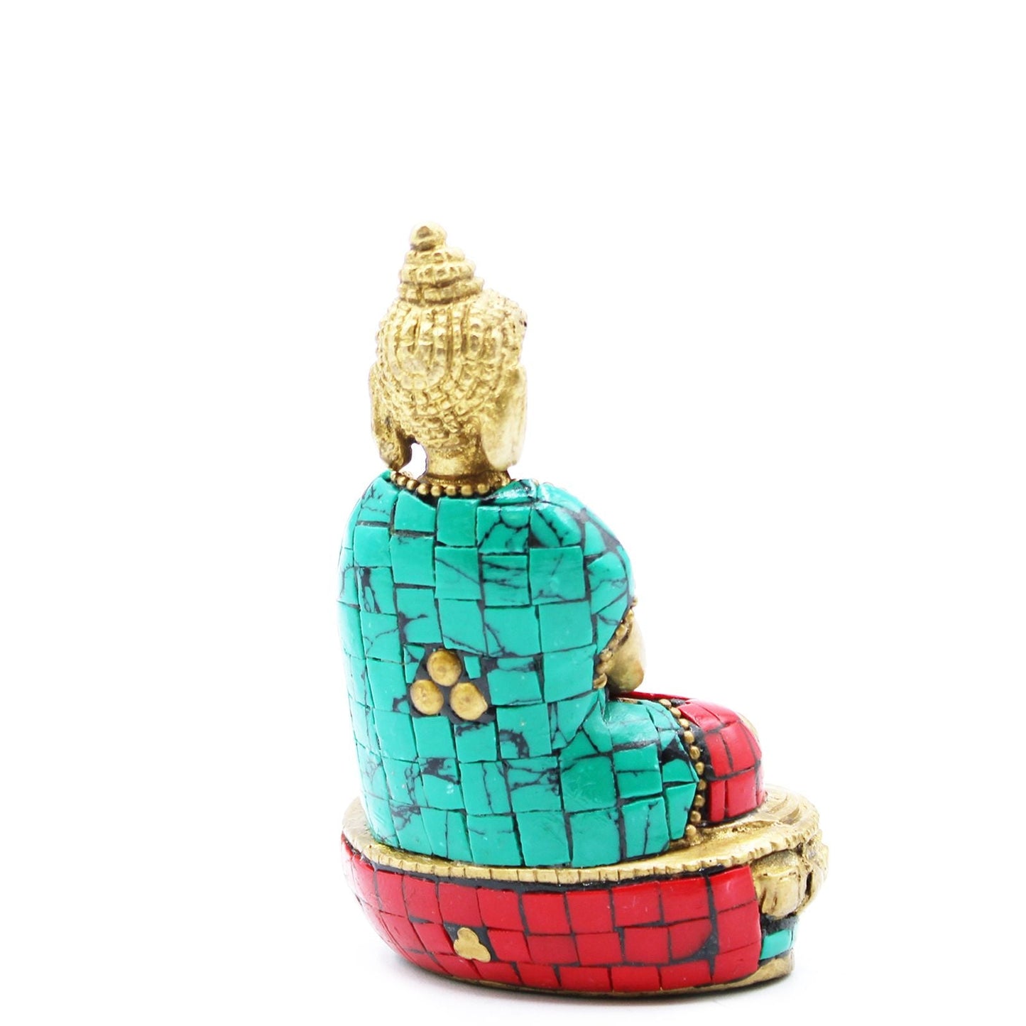 Brass Amitabha Buddha Figure – 9.5 CM, brass statue with turquoise and red mosaic inlay, rear view