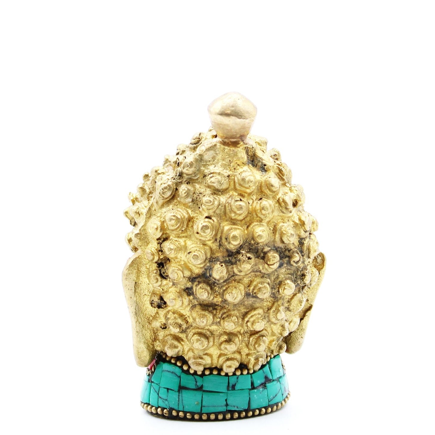 Buddhafigur i mässing - Med huvud - 8 cm, bakifrån: Buddha-huvudstaty i mässing med texturerade lockar och turkosinlägg i basen