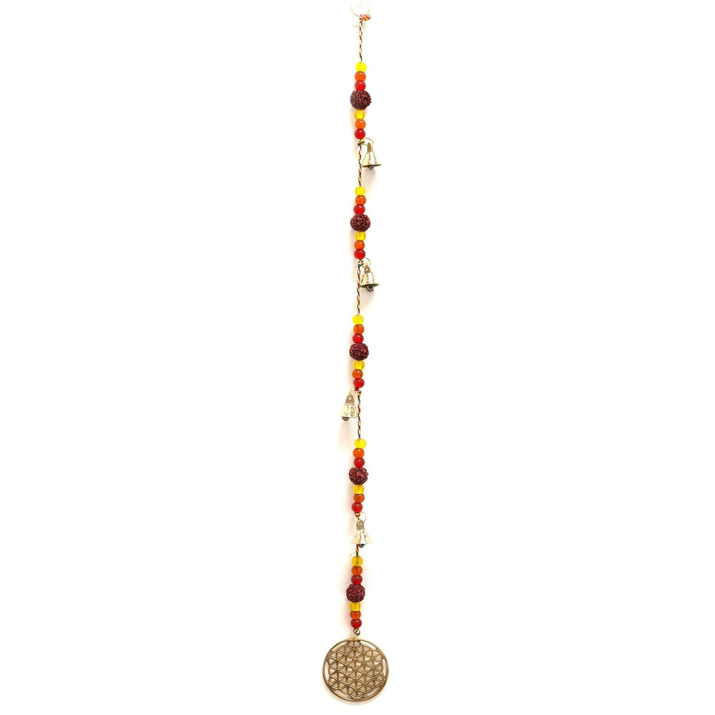 Alt Tag: Brass Flower of Life Indian Chimes – 6x63 CM brass hanging chime strand with Rudraksha beads, small bells and Flower of Life charm