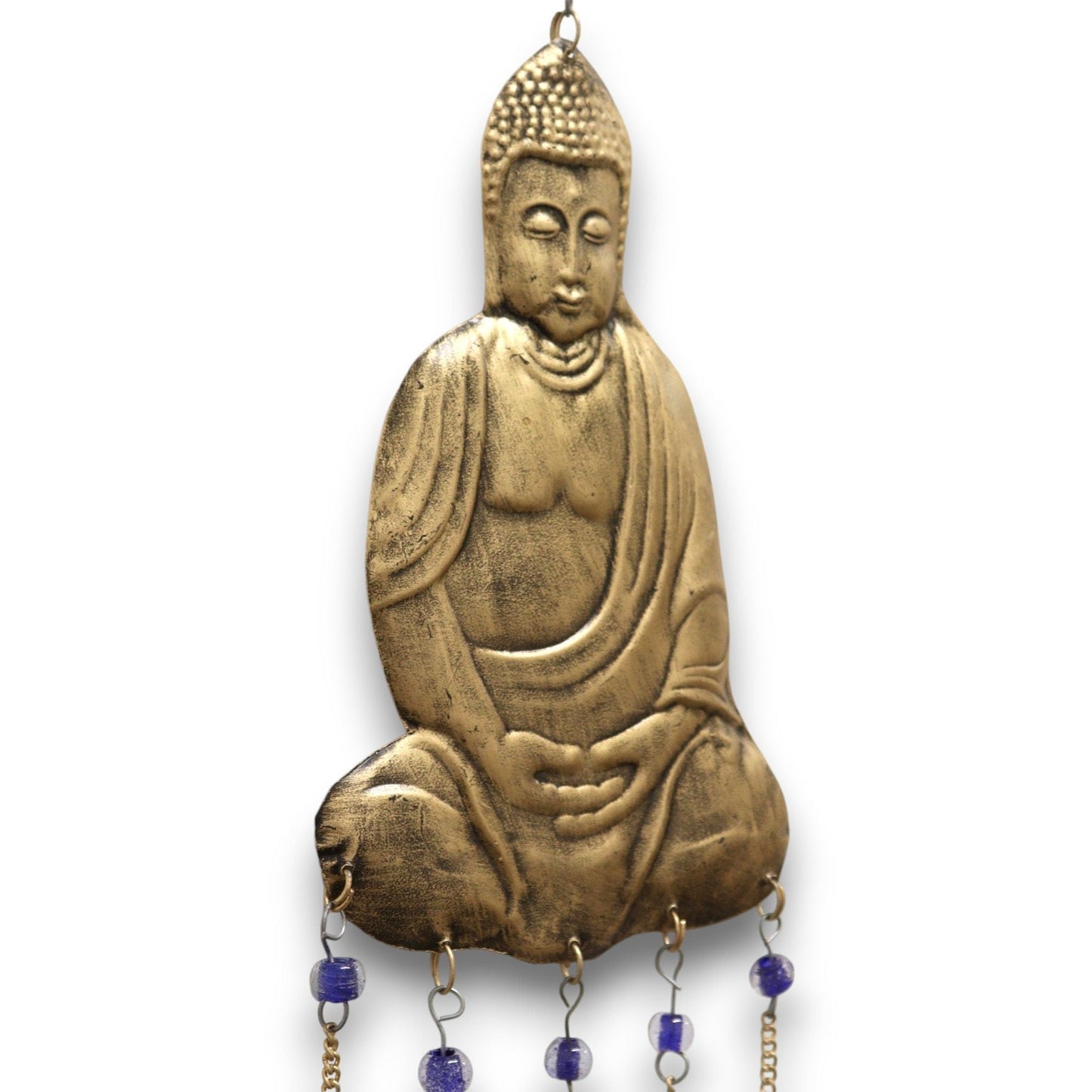 Brass & Glass Beads Indian Chimes – Large Buddha 5 Bells, brass Buddha wind chime with hanging glass beads
