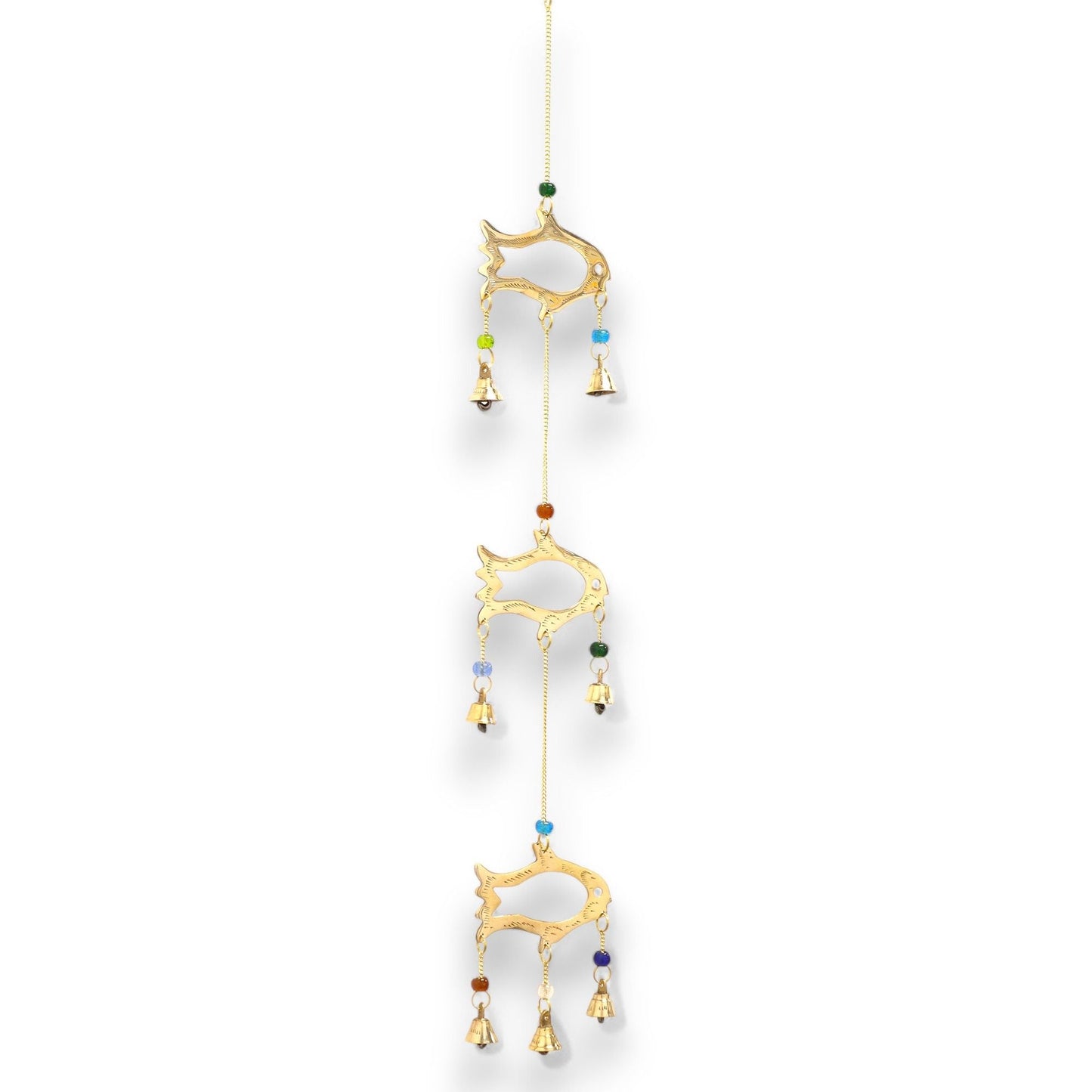 Alt-tagg: Brass & Glass Indian Fish Wind Chime – 54x8,5 CM hängande brass fish-design i mässing med glaspärlor och sju mässingsklockor