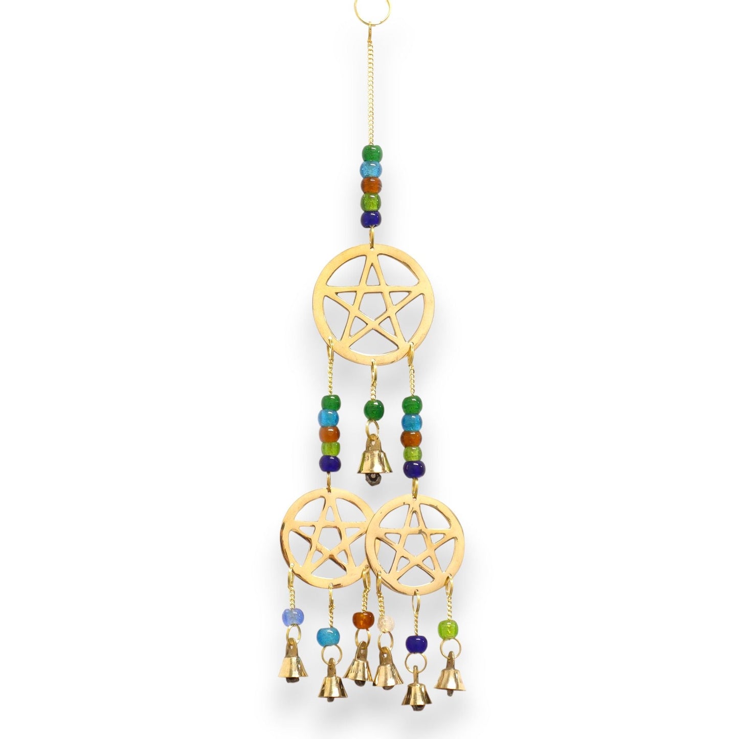 Alt Tag: Brass Indian Chimes – Tri-Pentagram, 7 Bells – 32x9.5 CM brass hanging chime with tri-pentagram charms, glass beads and 7 bells