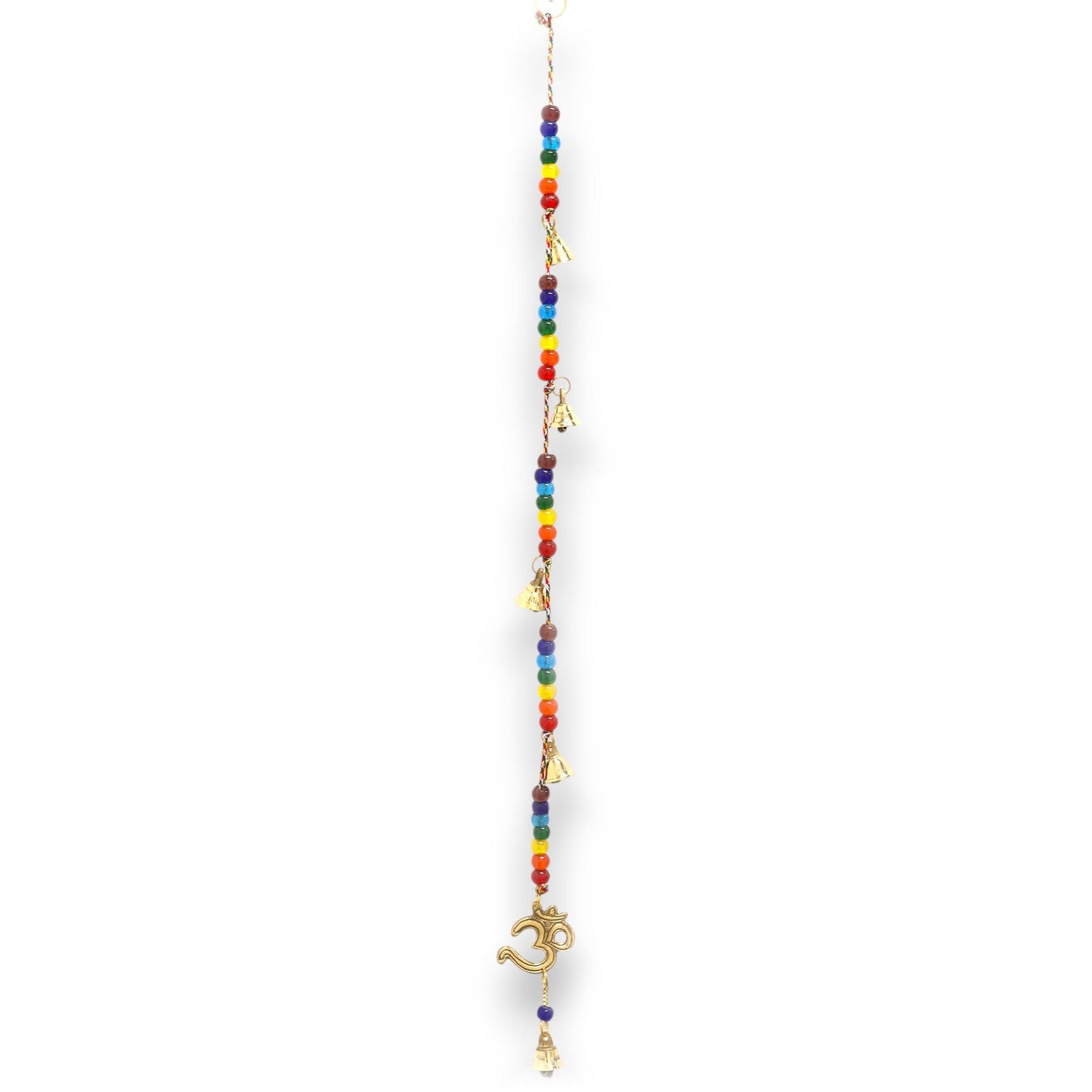 Alt Tag: Brass OM Indian Chimes – 53CM with Chakra Beads hanging brass OM symbol chime with multicolor chakra beads on white background