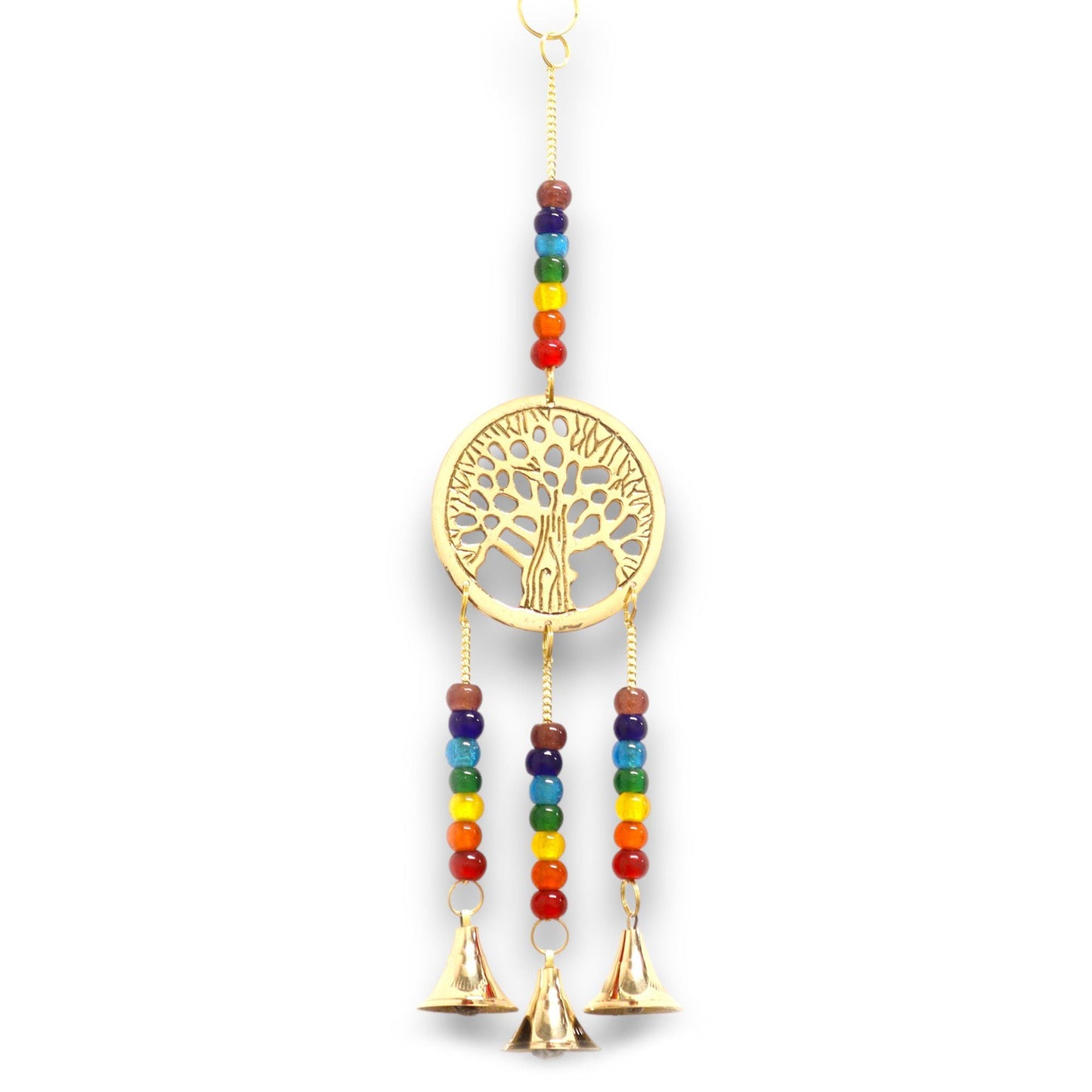 Alt-Tag: Klangspiel „Brass Tree of Life Chimes“ – Chakra-Perlen 6,5×31 CM, Messinganhänger mit Lebensbaum, mehrfarbige Perlen und 3 Glöckchen