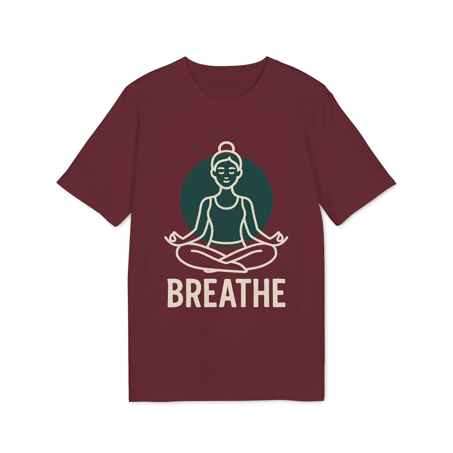 Alt Tag: Breathe Yoga Premium Unisex T-Shirt color burdeos con gráfico de persona meditando y texto “BREATHE” en el frente