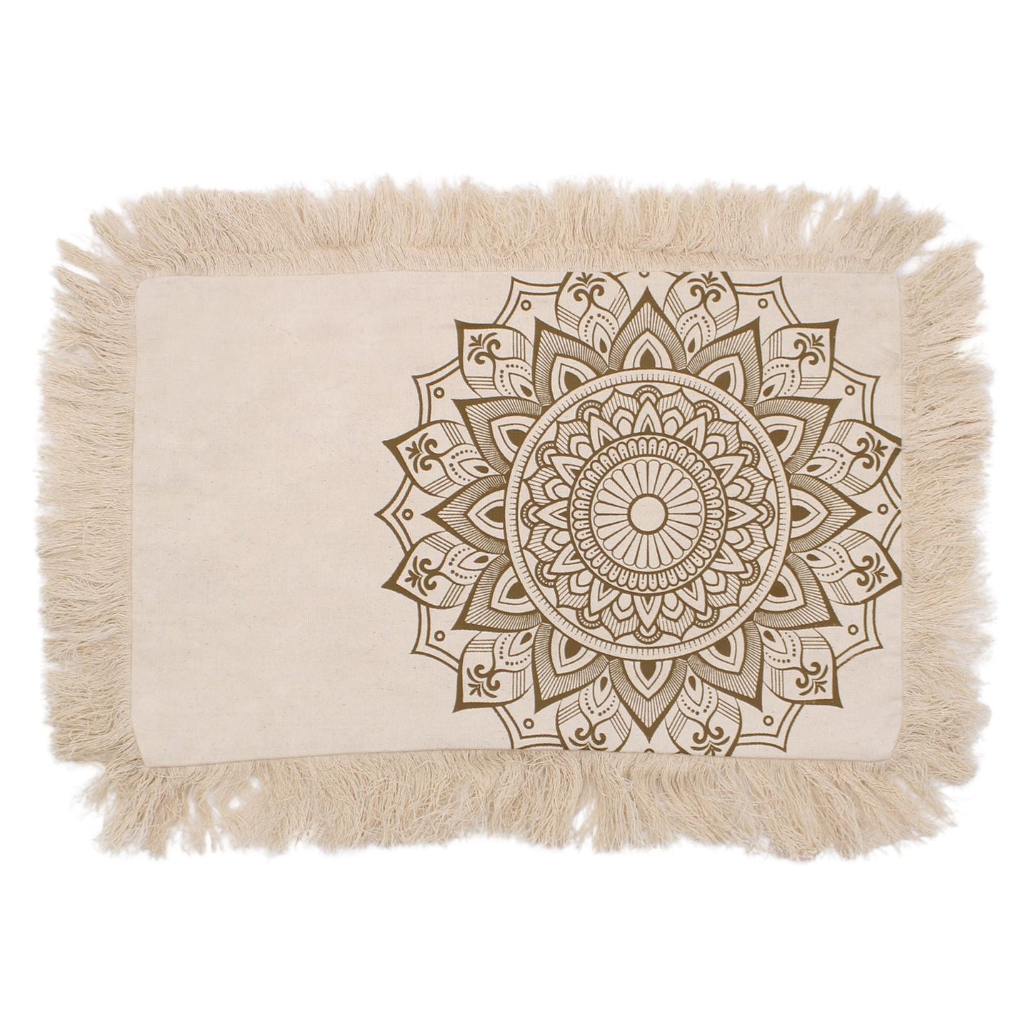 Alt-Tag: Bronze Lotus Mandala Kissenbezug – 30x50 CM, indonesischer Baumwollbezug mit bronzefarbenem Mandala-Lotus-Print und Fransenrändern