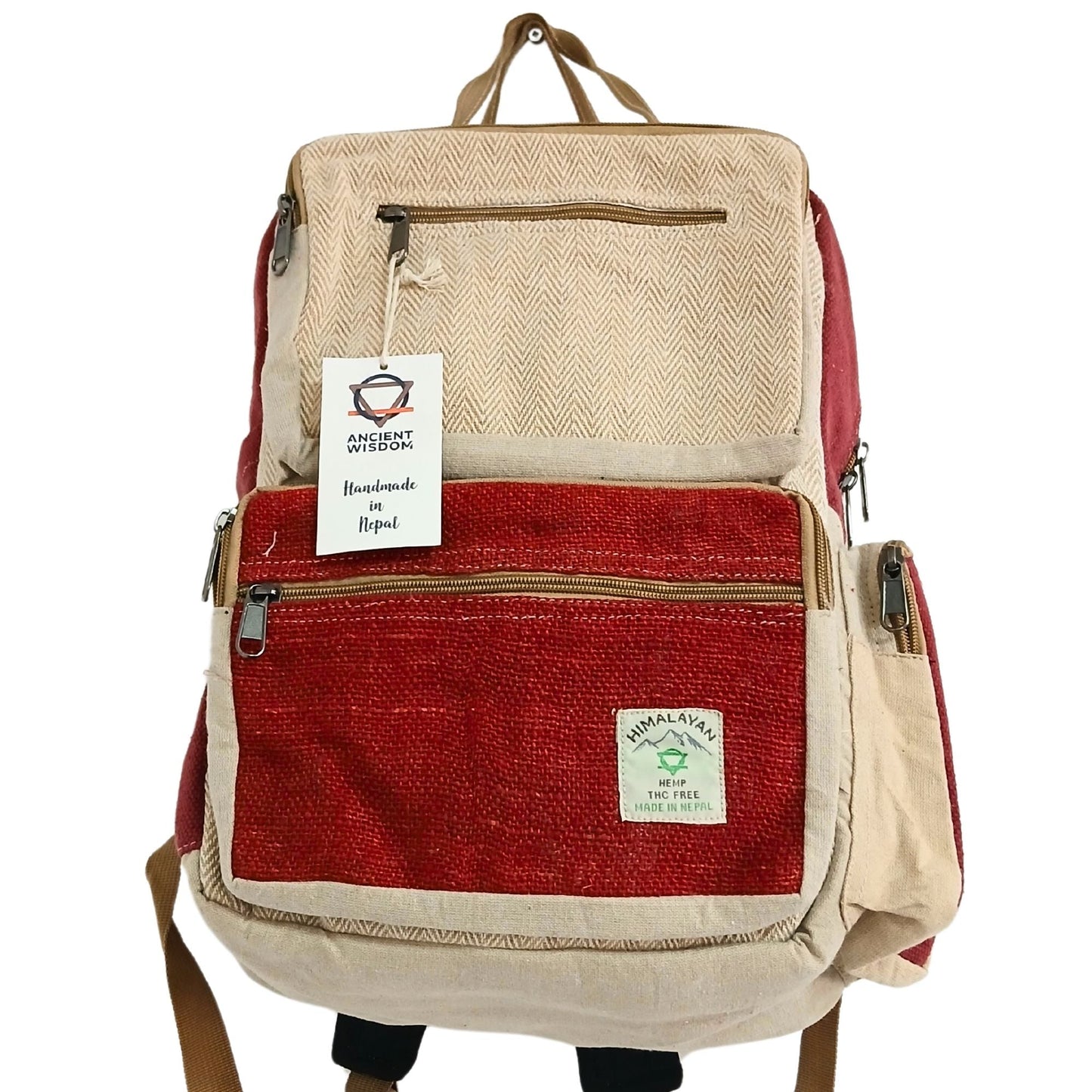Alt Tag: Burgundy & Cream Boxy Hemp Backpack – Large, boxy square backpack with burgundy front pocket, cream body, zipper and top handle