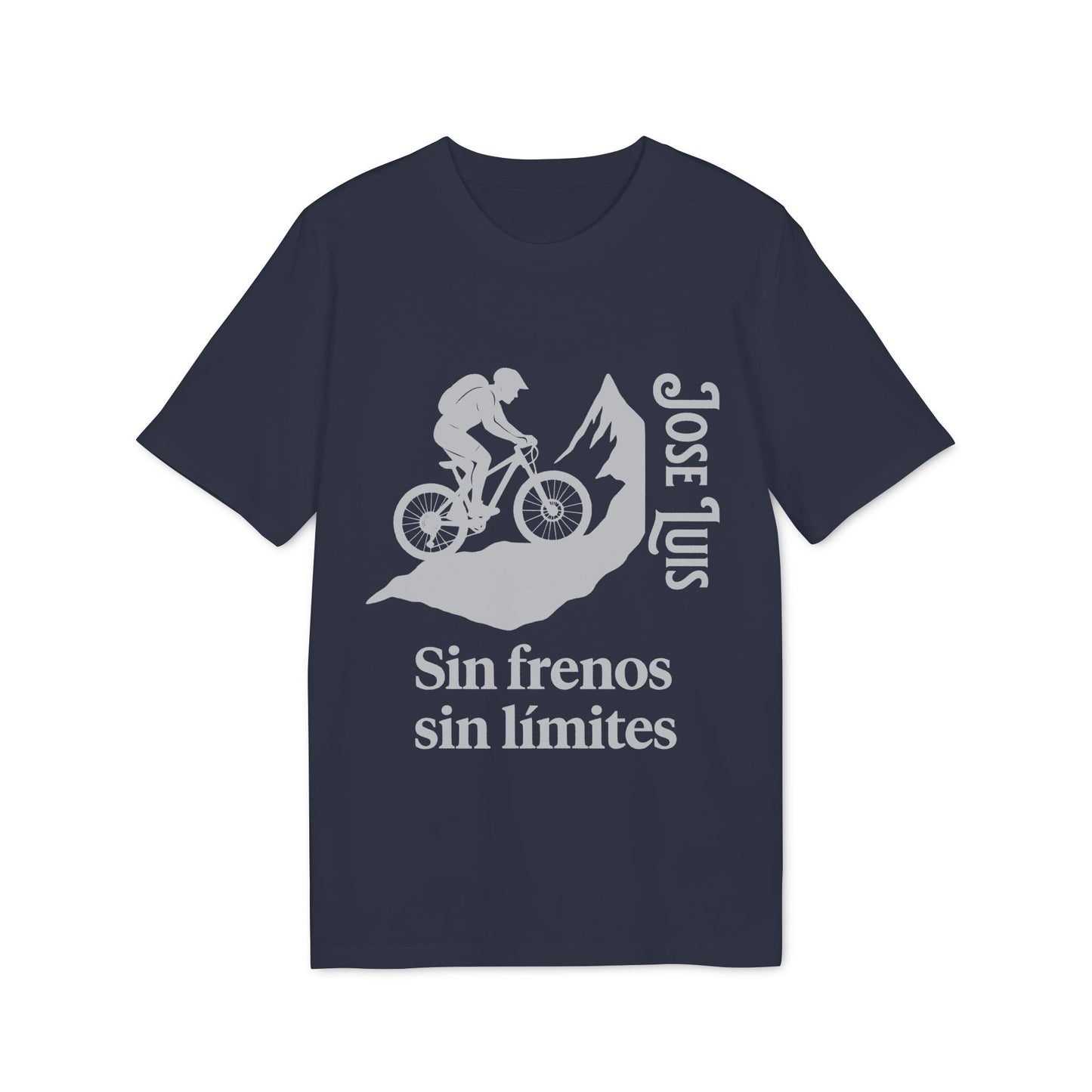 Personalizada Mountain Bike Sin Frenos Sin Limites Sustainable Unisex Tee en azul marino con ciclista, montaña y texto “Sin frenos sin límites”