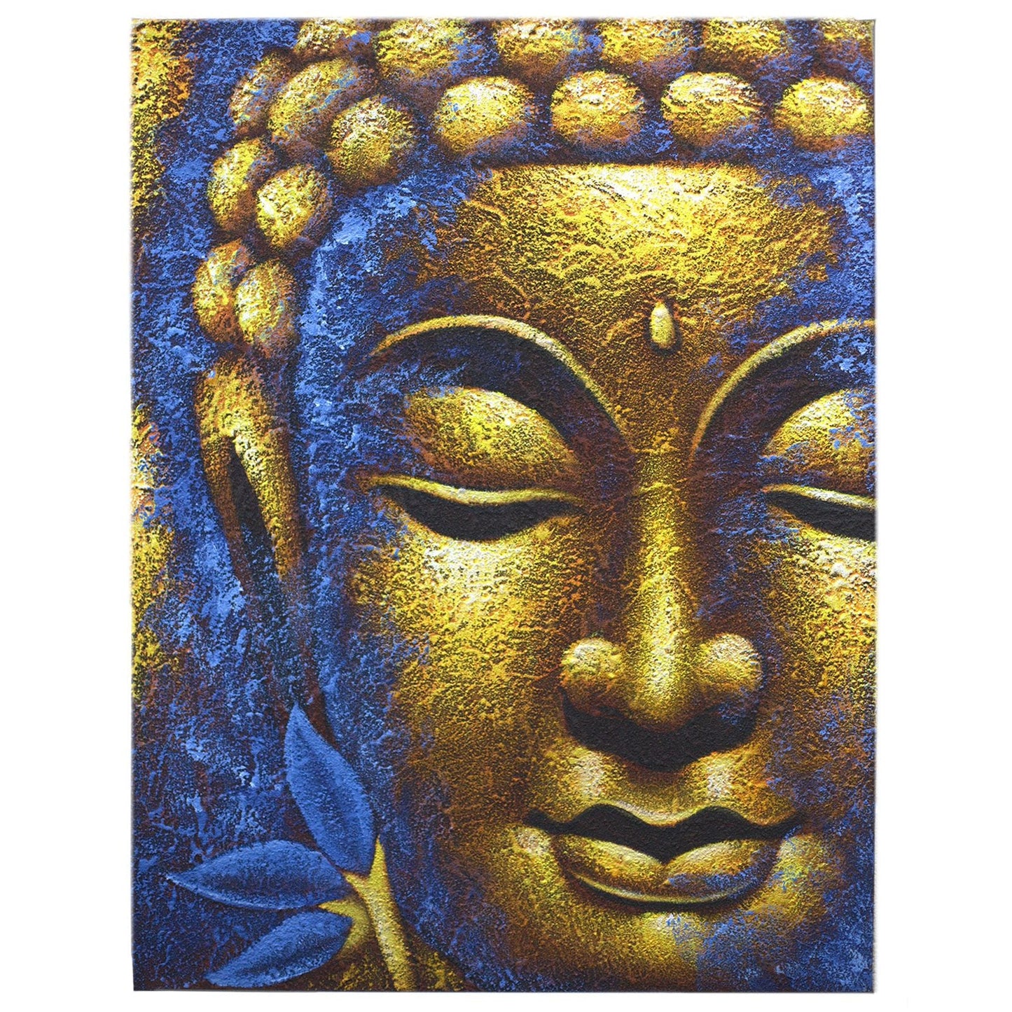 Canvas Buddha Painting – Gold Face & Lotus Flower, 80x60 CM close-up gold Buddha face with lotus flower on blue textured canvas
