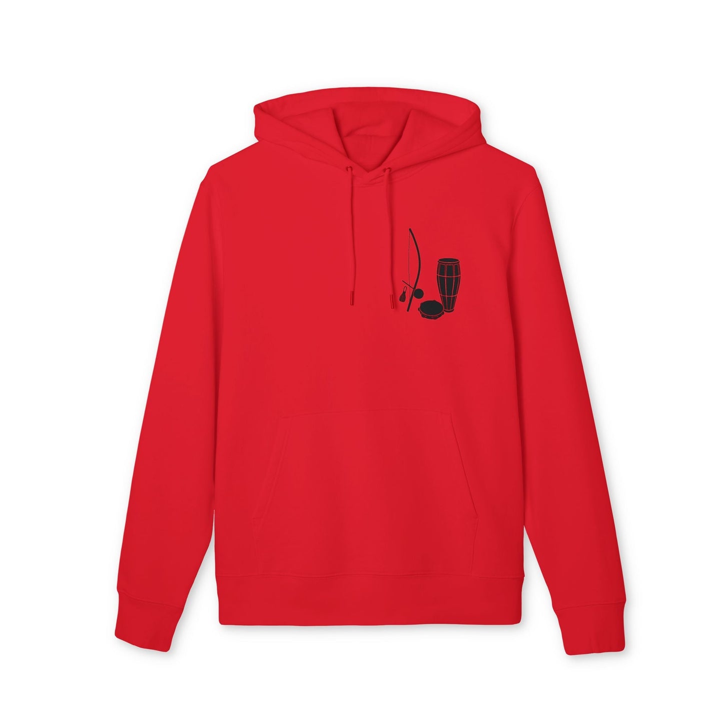 Alt Tag: Capoeira Music Sustainable Unisex Hoodie red organic cotton pullover hoodie with capoeira instruments graphic on chest