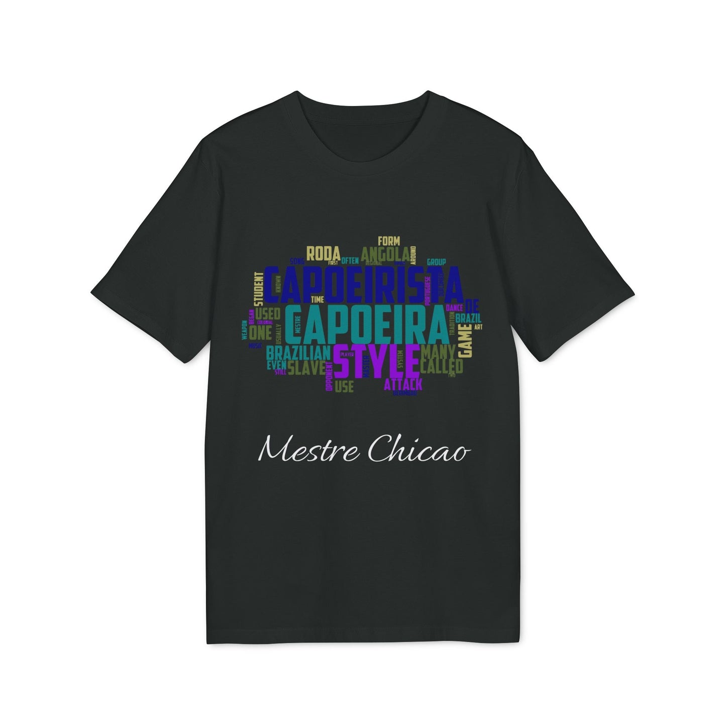 Alt Tag: Capoeira Personalizado 100% Organic Cotton T-Shirt negra con diseño tipográfico de capoeira y personalización "Mestre Chicão"