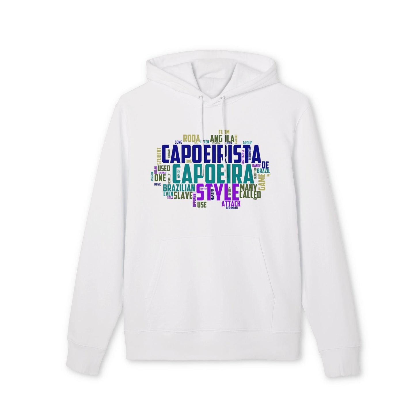 Alt Tag: Capoeira Sustainable Unisex Hoodie in white, organic cotton pullover with hood and colorful capoeira word art graphic