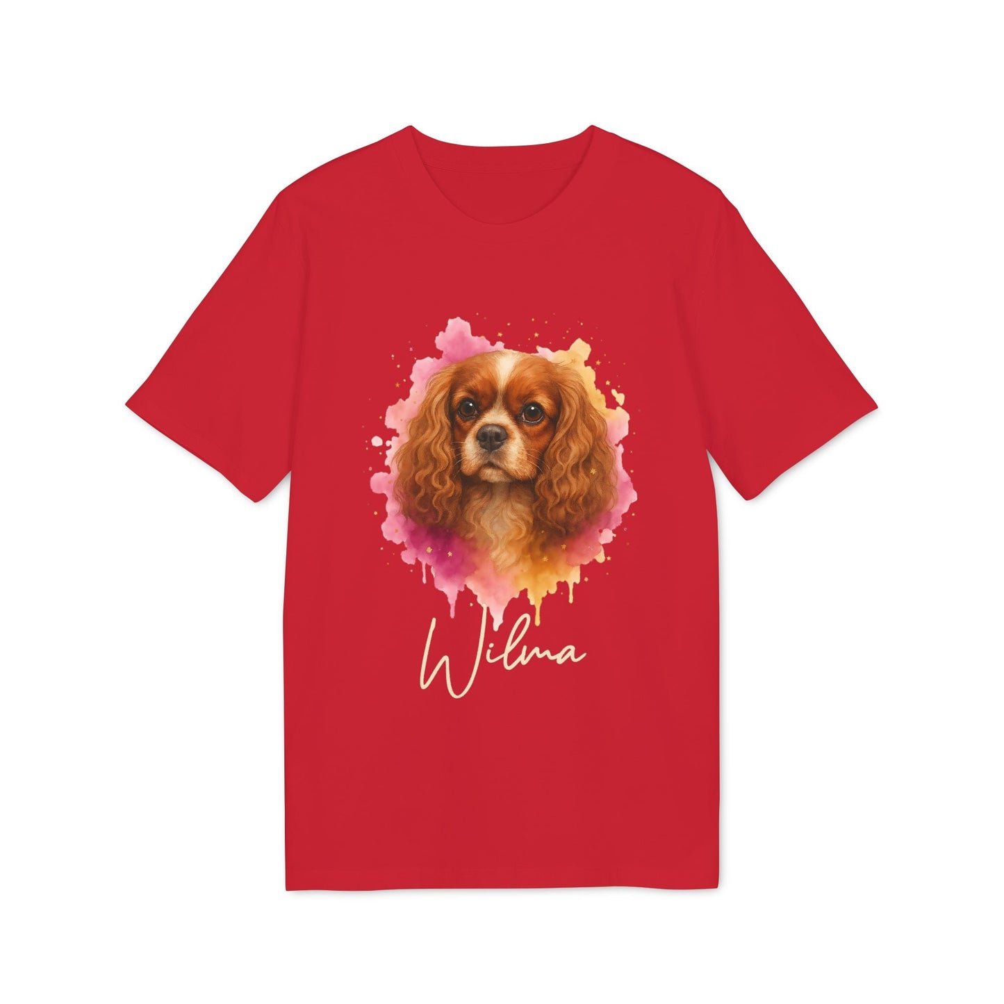 Alt Tag: Cavalier King Charles Spaniel Personalized Dog 100% Organic Cotton T-Shirt roja con retrato de spaniel y nombre personalizado “Wilma”