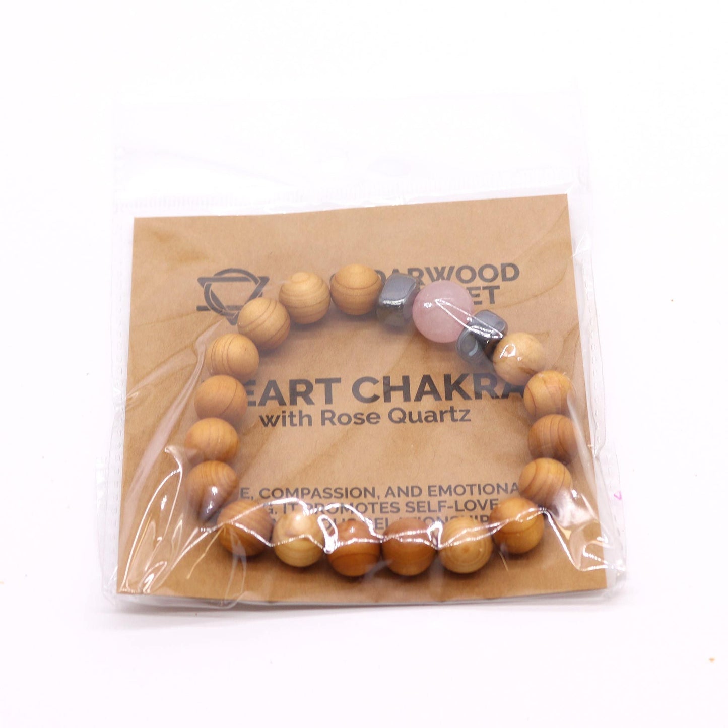 Cedarwood Heart Chakra Bangle – Rose Quartz with cedarwood beads and rose quartz heart charm in packaging