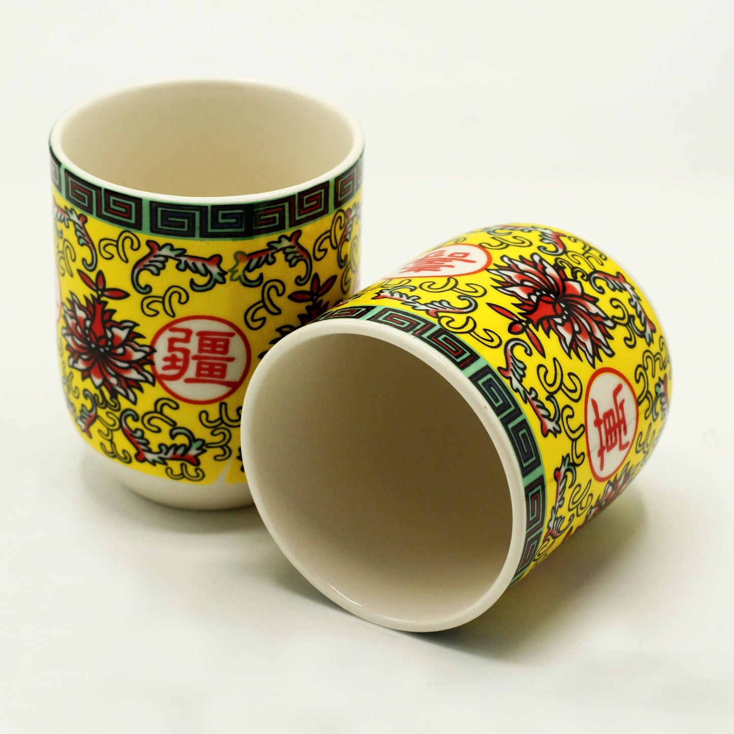 Ceramic Herbal Tea Cups – Long Life Oriental Design, 190ML Set of 6 yellow ceramic tea cups with intricate oriental pattern