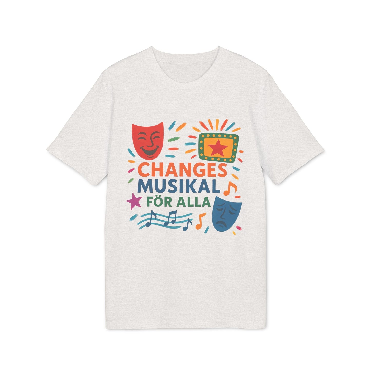 Alt Tag: Changes Musikal Alla Som Älskar Musikal Premium Unisex T-Shirt vit t-shirt med färgglad "Changes Musikal"-grafik och teatermasker